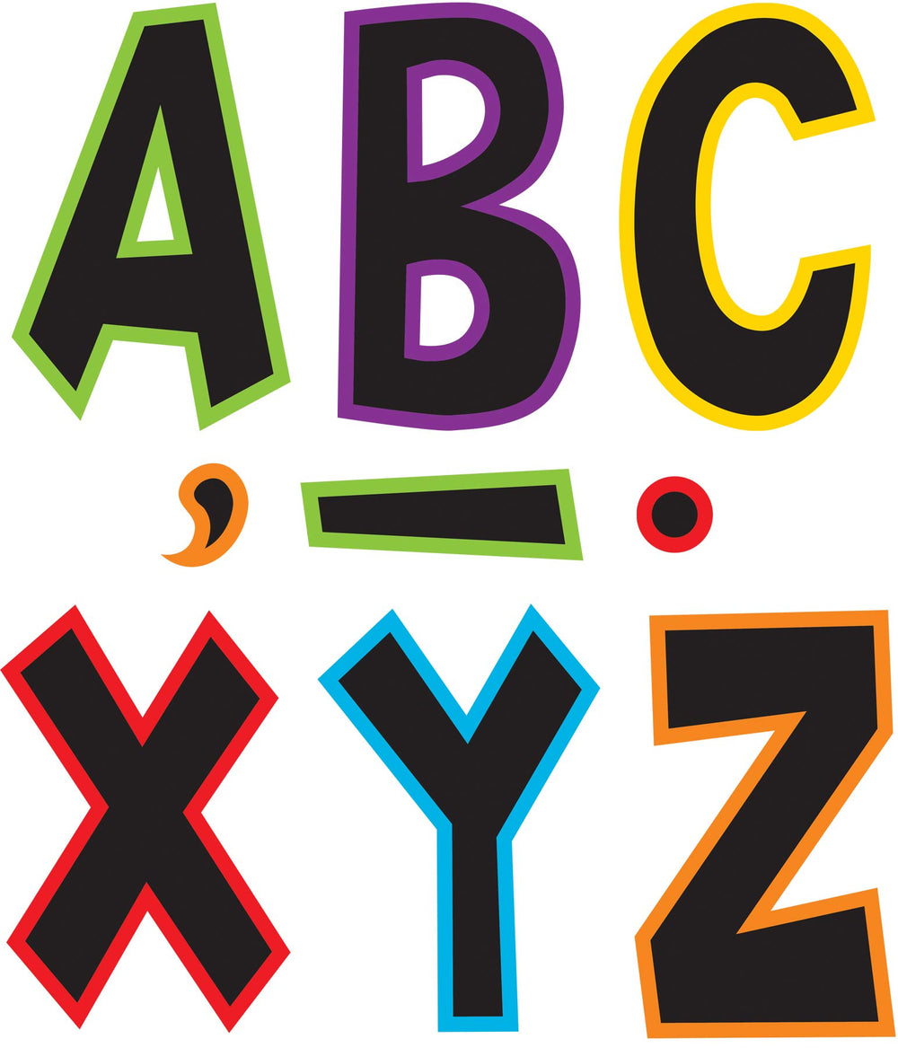Teacher Created Resources paquete frontal mostrando letras coloridas y usos educativos