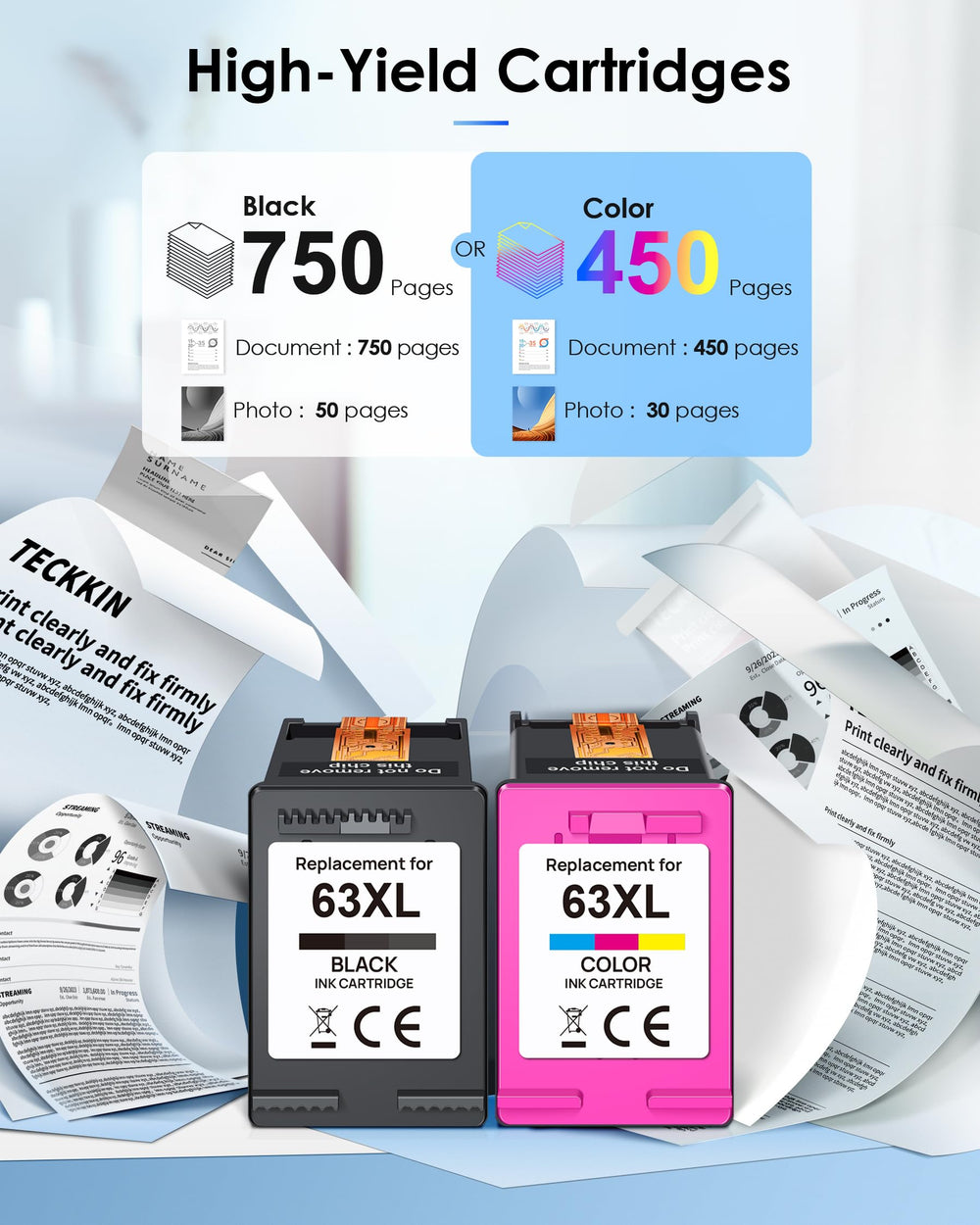 TECKKIN cartucho tricolor 63XL primer plano, colores vivos reproducidos