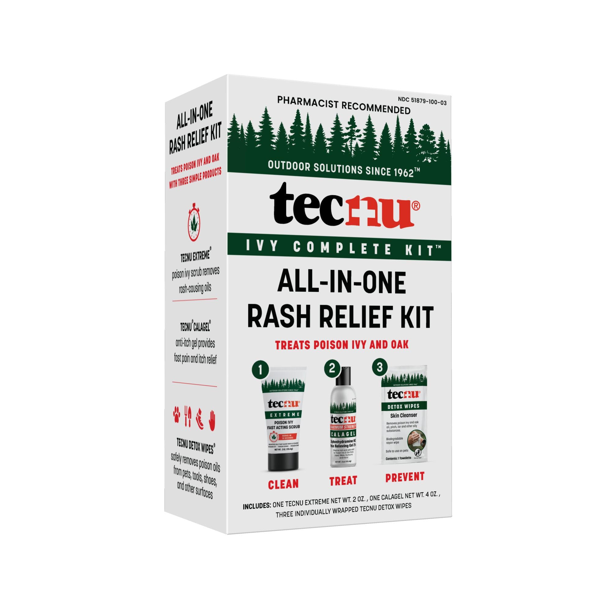 Tecnu kit frontal mostrando los tres productos para alivio rápido