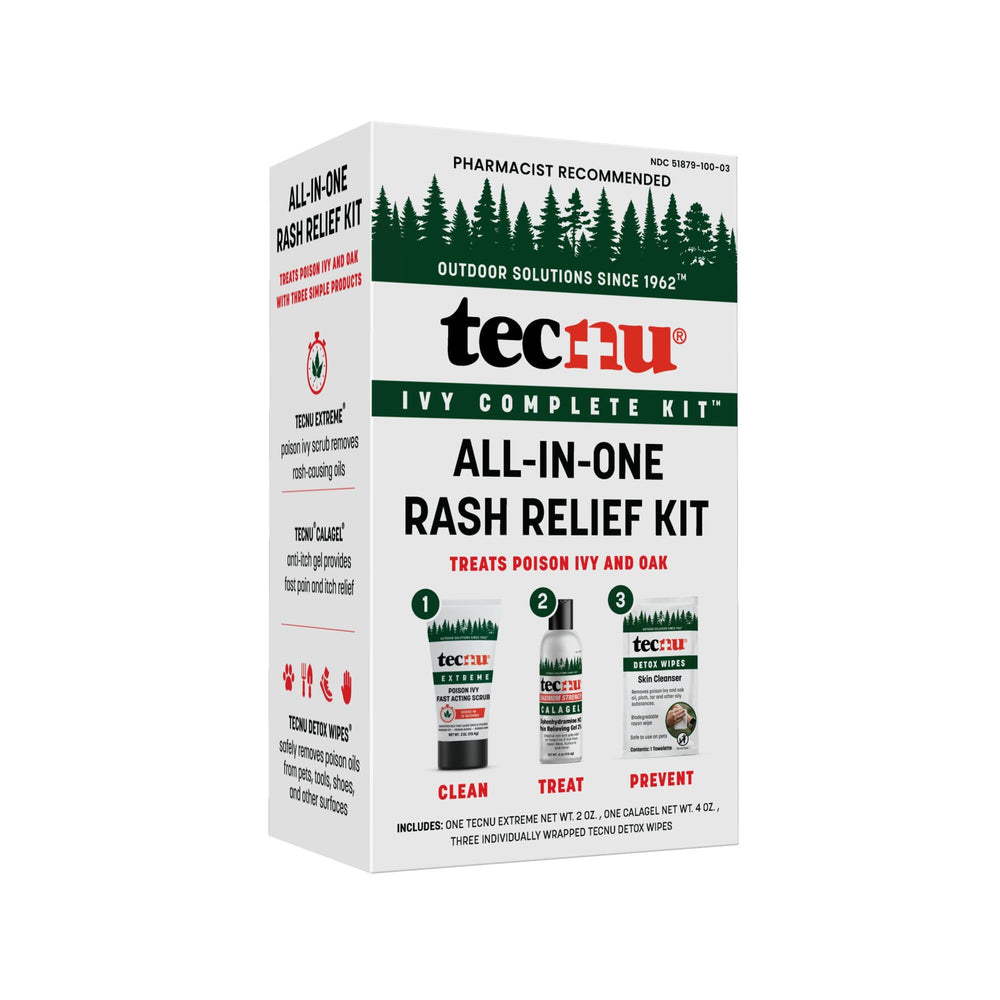 Tecnu kit frontal mostrando los tres productos para alivio rápido