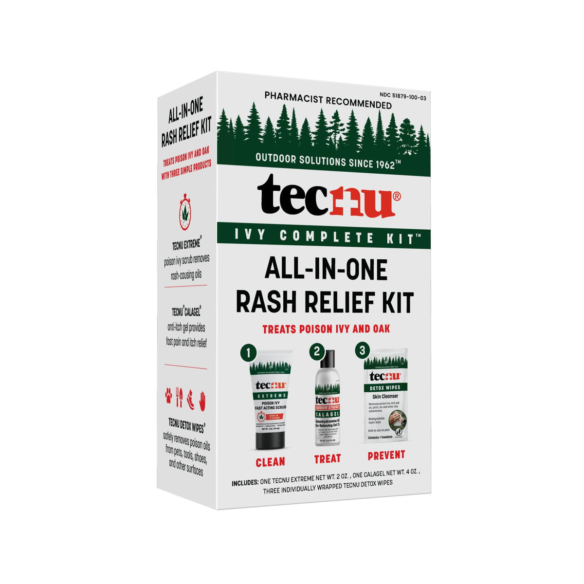 Tecnu kit frontal mostrando los tres productos para alivio rápido