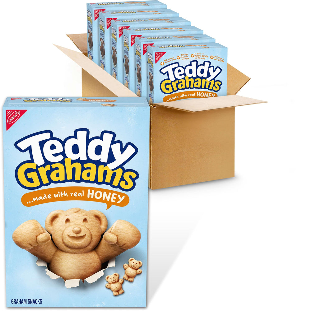 Teddy Grahams empaque frontal mostrando seis cajas y fácil almacenamiento