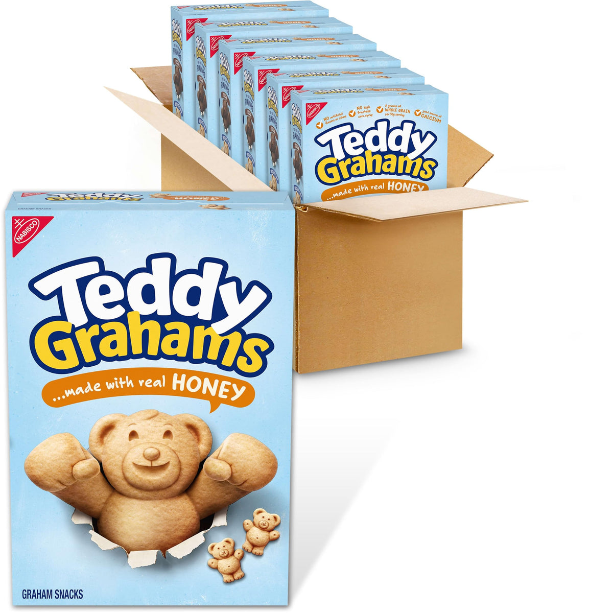 Teddy Grahams empaque frontal mostrando seis cajas y fácil almacenamiento