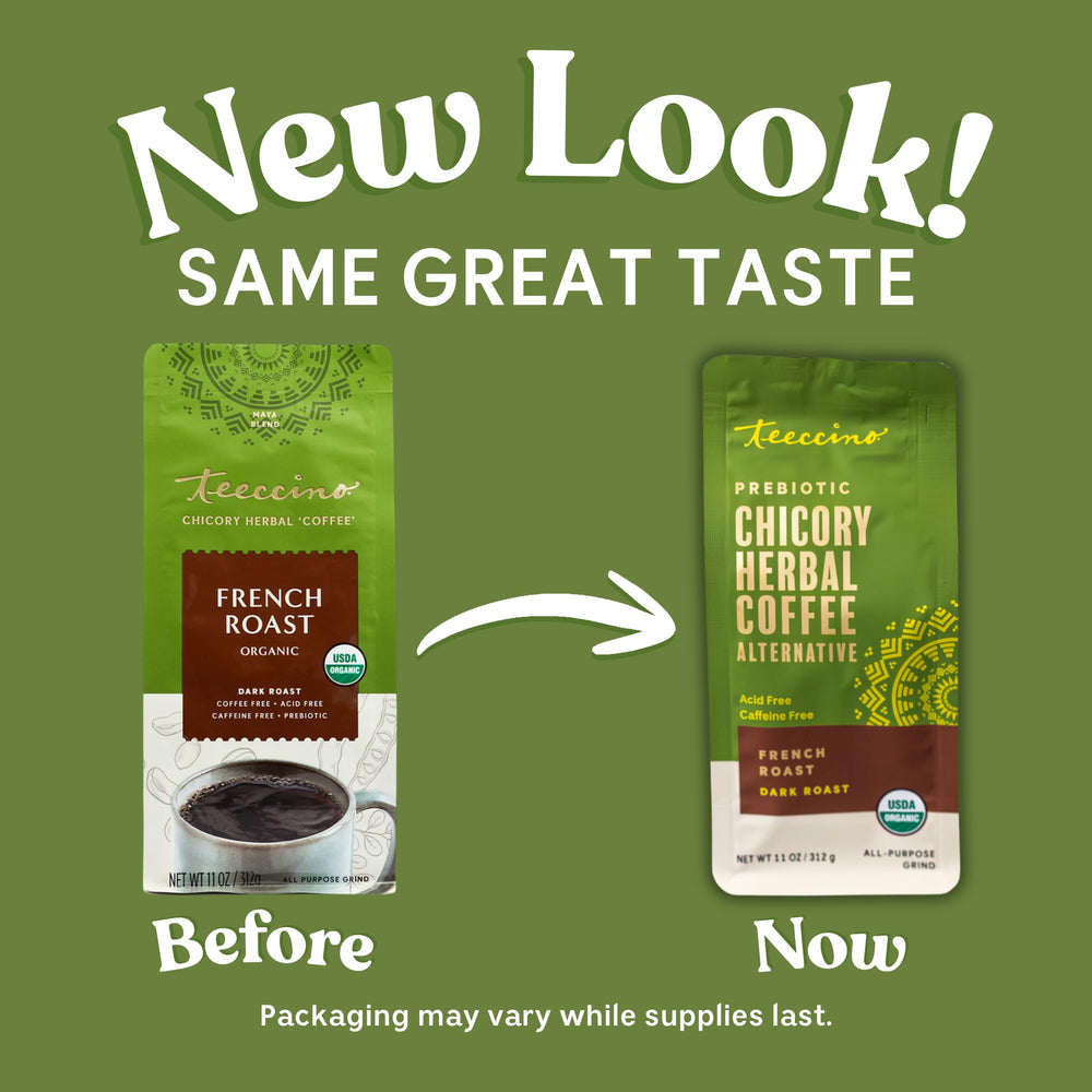 Teeccino ingredientes visibles achicoria y algarroba, alternativa natural al café