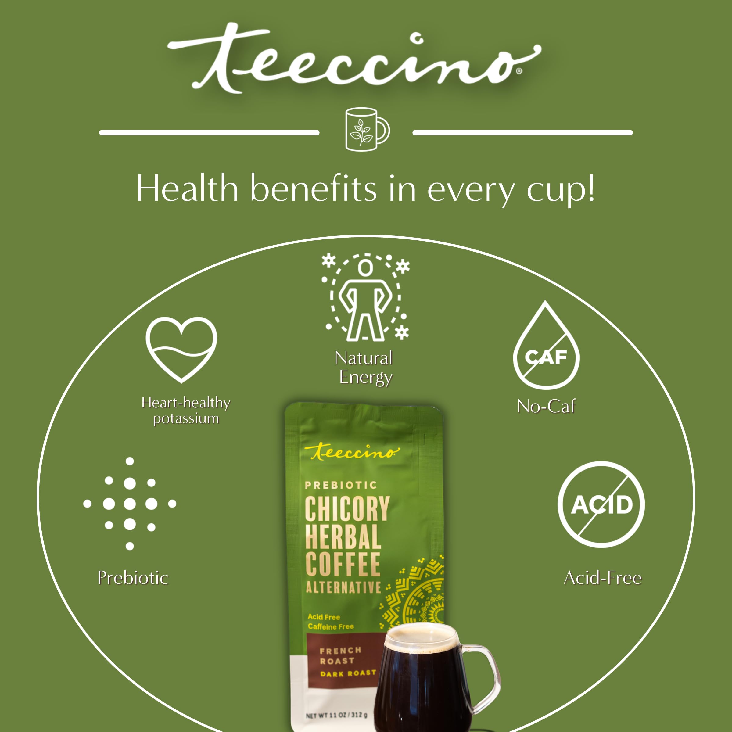 Teeccino taza humeante servida, ofrece sabor intenso sin cafeína