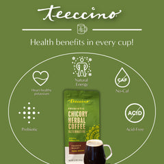 Teeccino taza humeante servida, ofrece sabor intenso sin cafeína