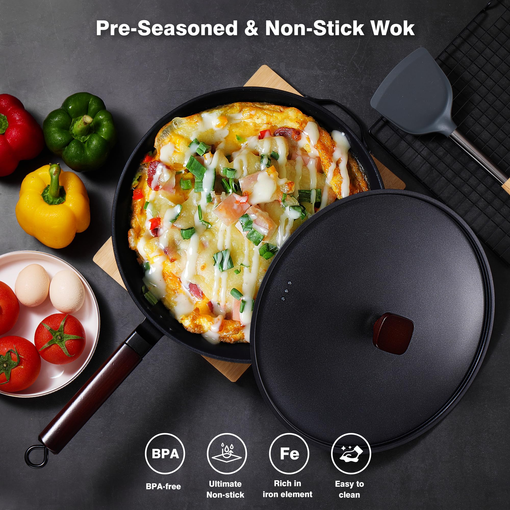 Teewe wok con comparación de tamaño para porciones familiares