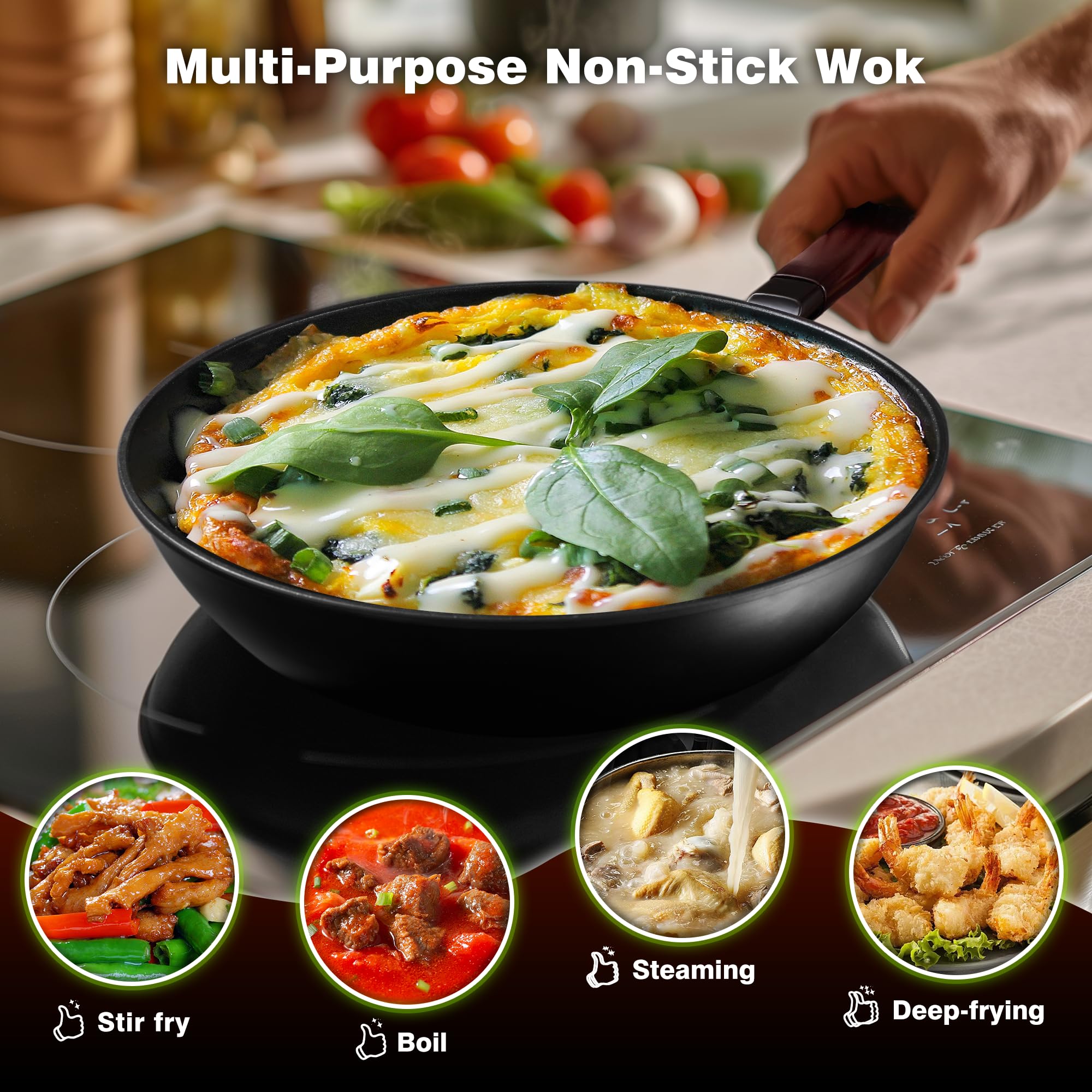 Teewe wok en acción salteando ingredientes para cocción rápida