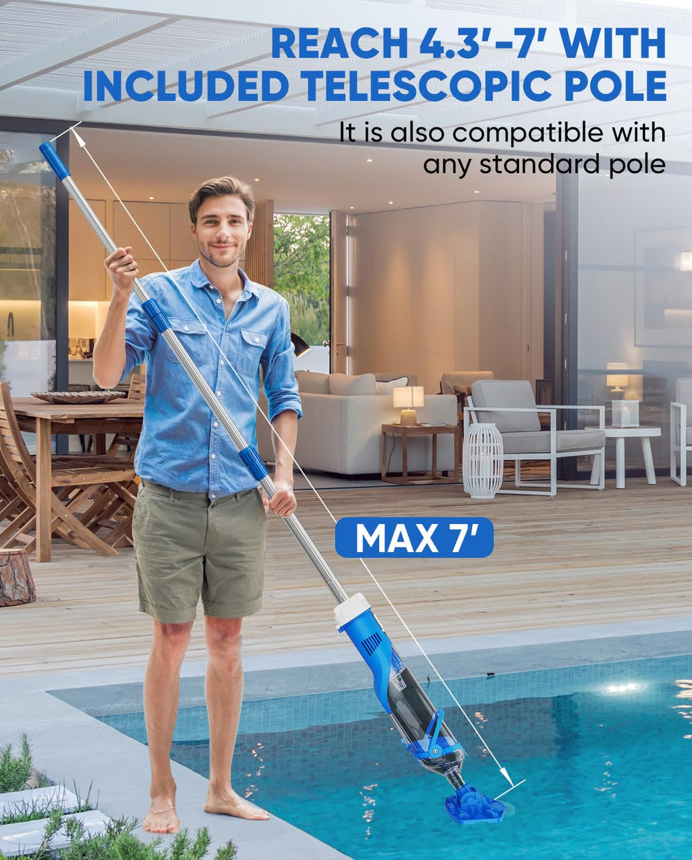 Teguy vacuum in use lifting leaves from pool surface for faster spot-cleaning