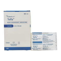 Telfa Pads frente del empaque muestra 100 unidades y conservación estéril