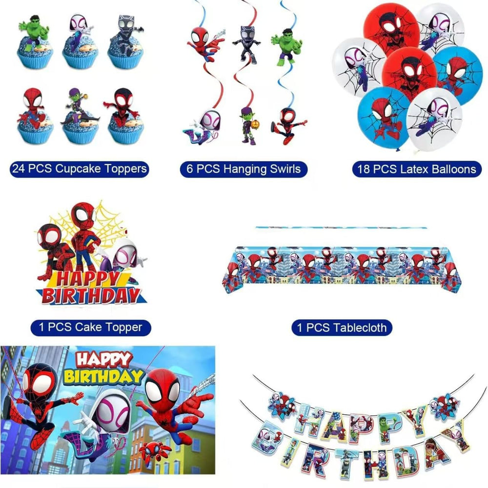 Telifor mesa con mantel y cupcakes Spidey lista para servir invitados