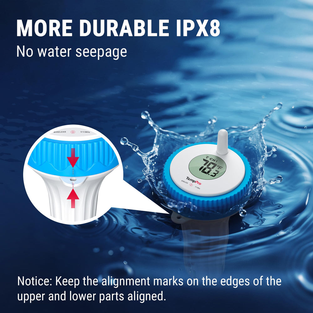 TempPro TempAir floating in a pool demonstrating hands-free water temperature monitoring