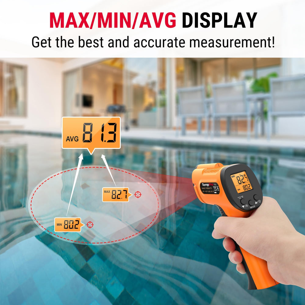 TempPro pantalla con lecturas MAX/MIN/AVG y emisividad ajustable