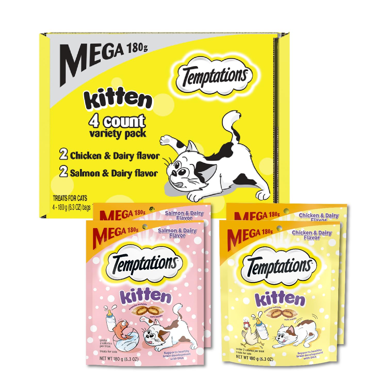 Temptations empaque frontal mostrando pack de 4 y beneficios