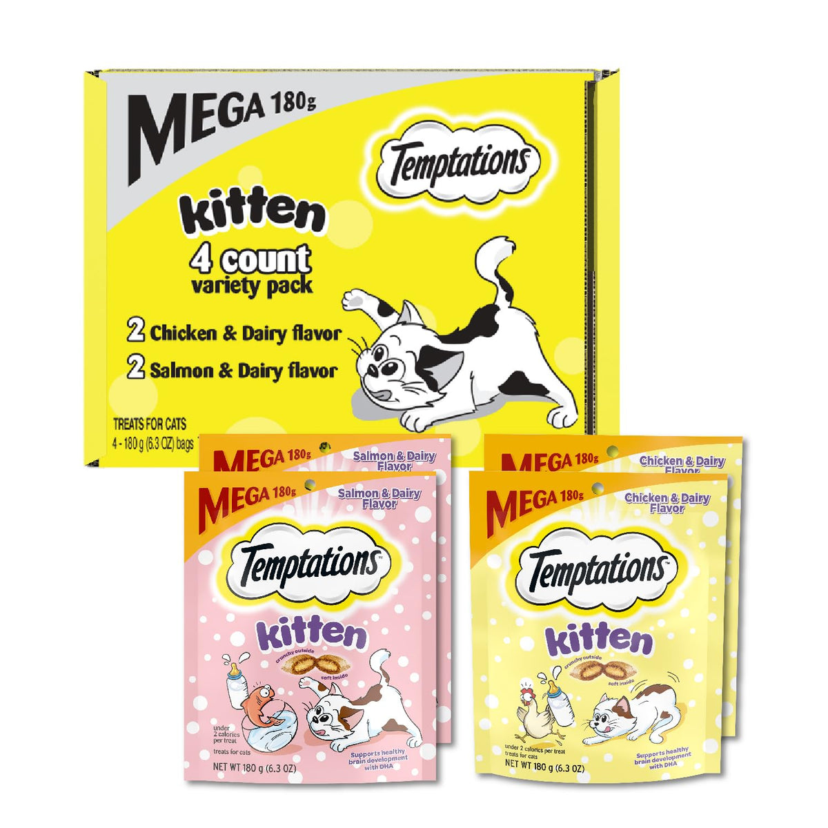 Temptations empaque frontal mostrando pack de 4 y beneficios