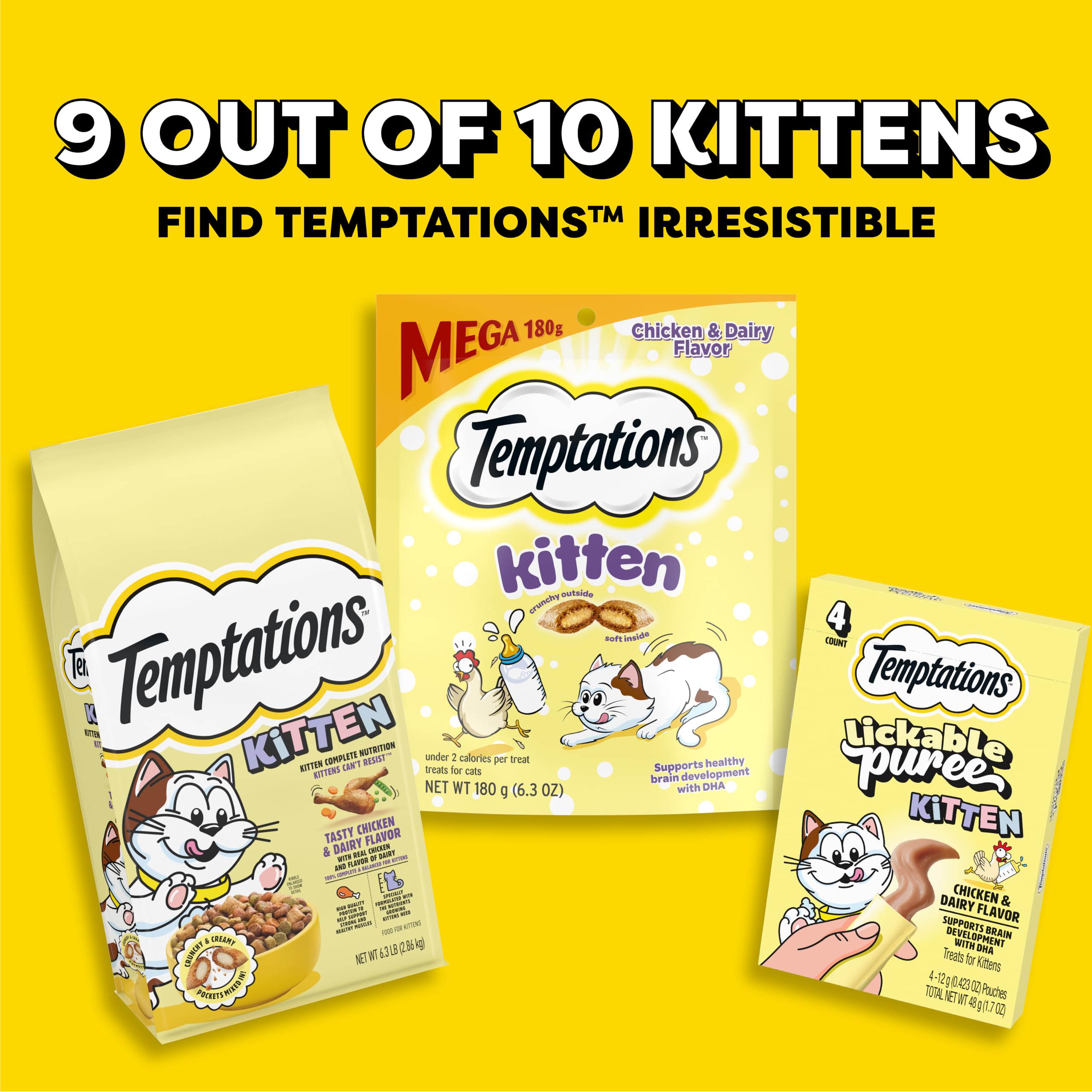 Temptations etiqueta de ingredientes resaltando DHA y seguridad