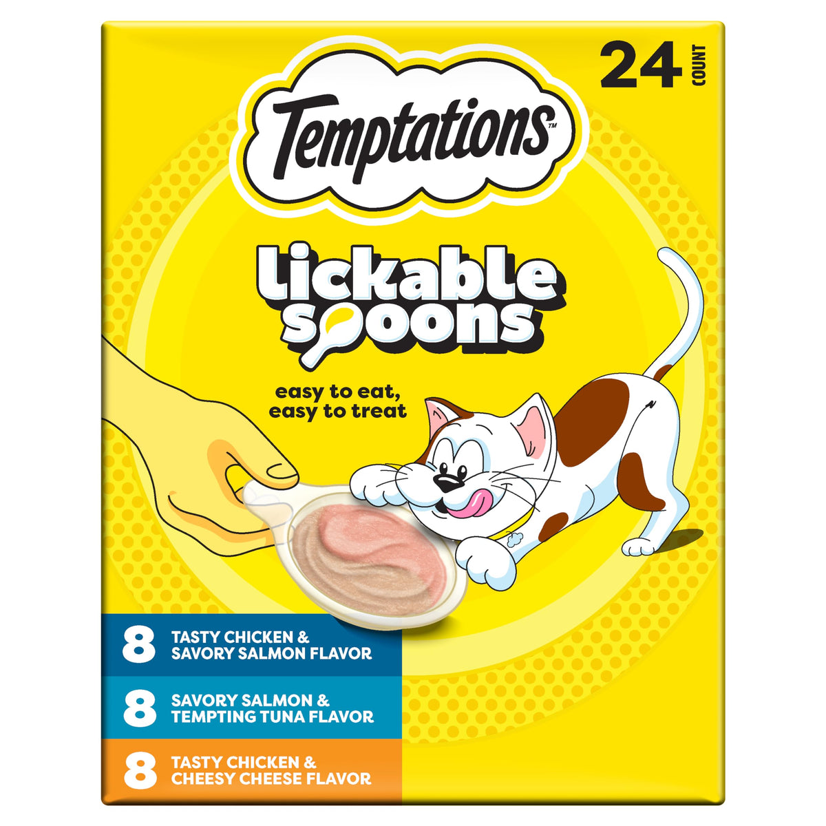 Temptations paquete frontal mostrando 24 cucharillas, conveniencia y porciones controladas