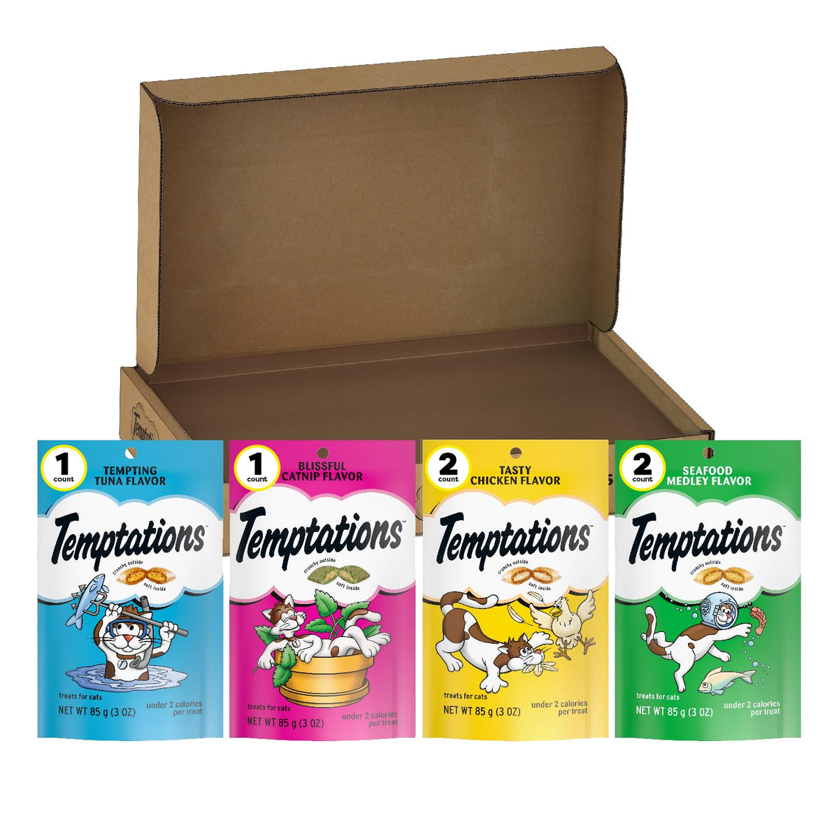 Temptations pack frontal mostrando diseño de la bolsa y conveniencia