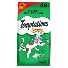 Temptations tub front view showing Seafood Medley label and easy-access lid benefit