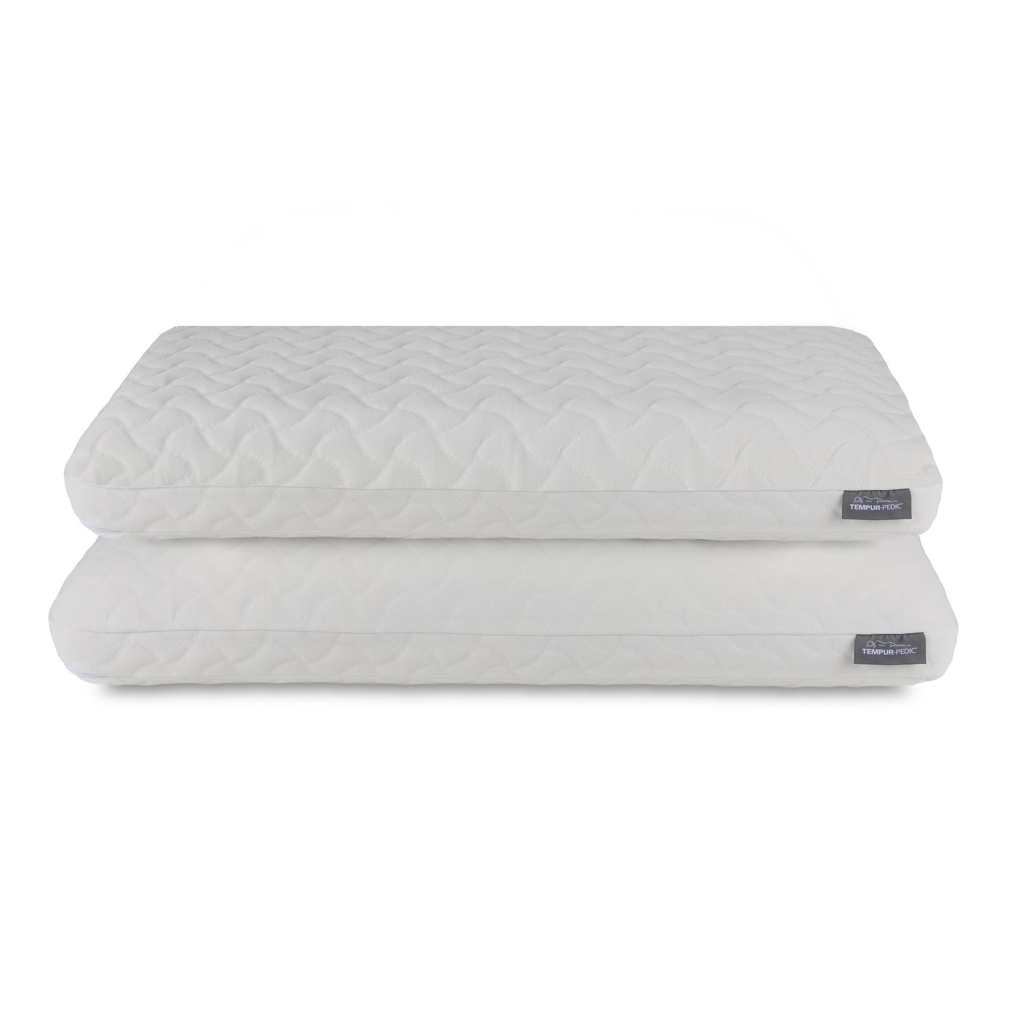 Tempur-Pedic vista frontal del empaque con dos almohadas, comodidad extra suave