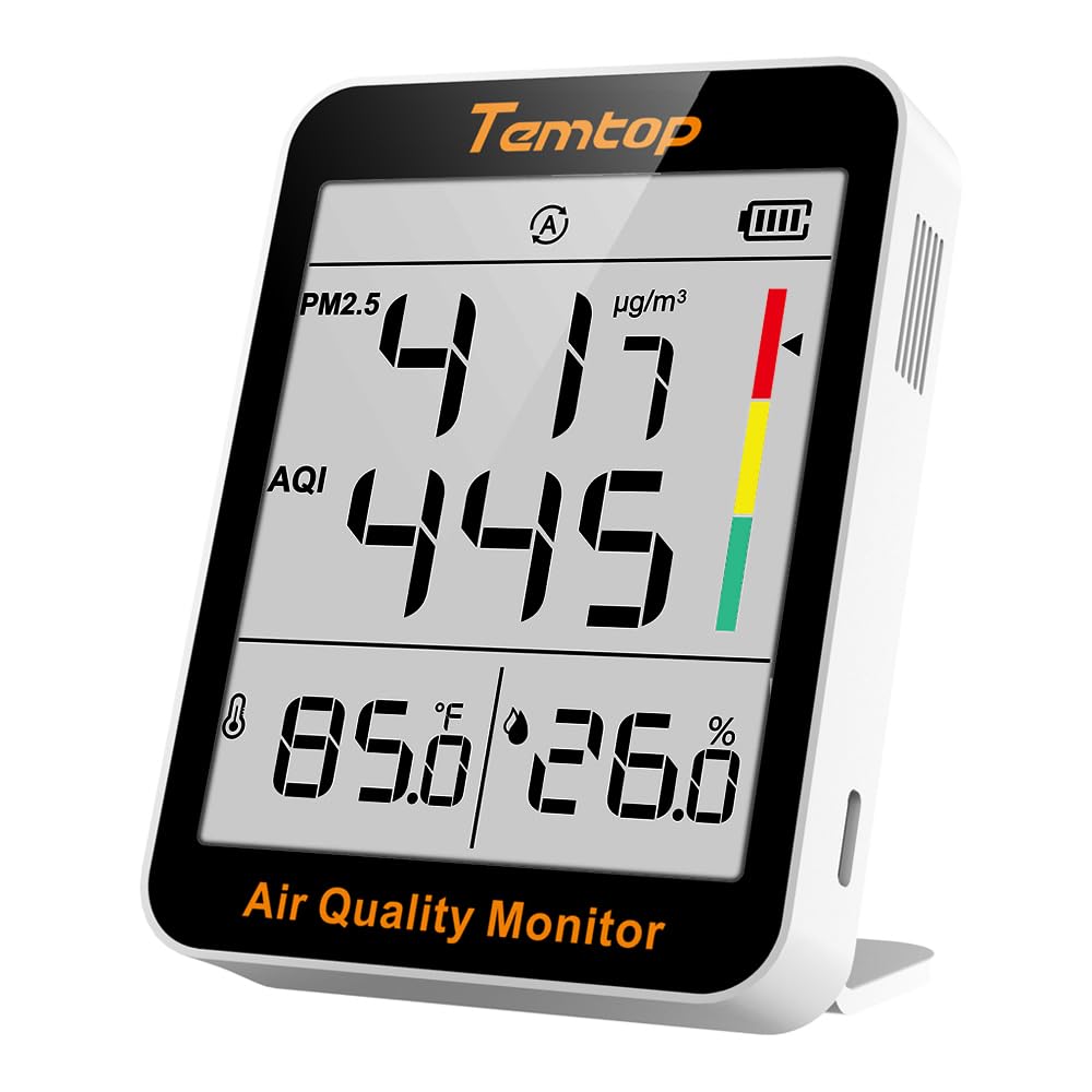 Temtop S1 frontal mostrando PM2.5 y AQI para tomar decisiones rápidas