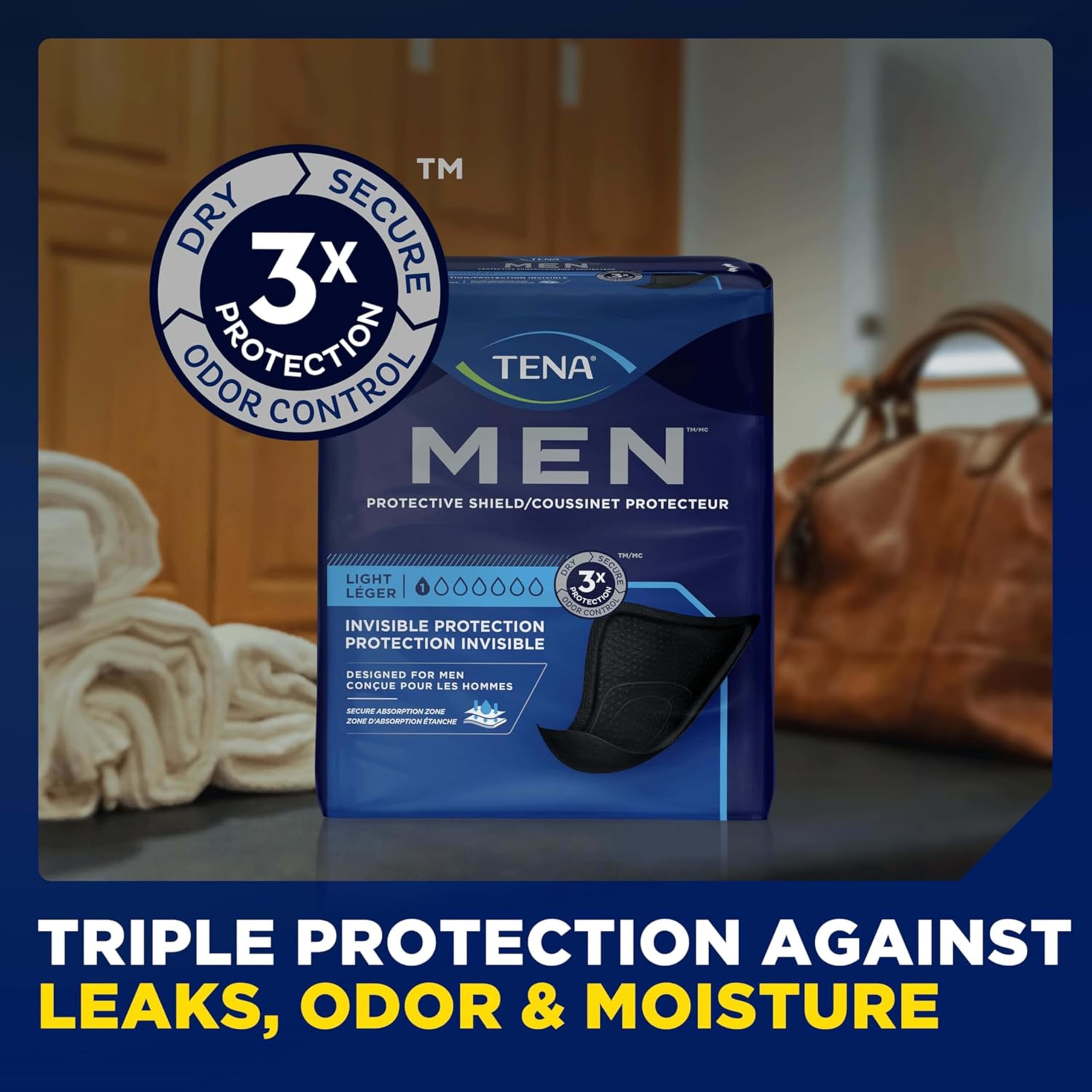 TENA protector colocado en ropa interior masculina demostrando discreción