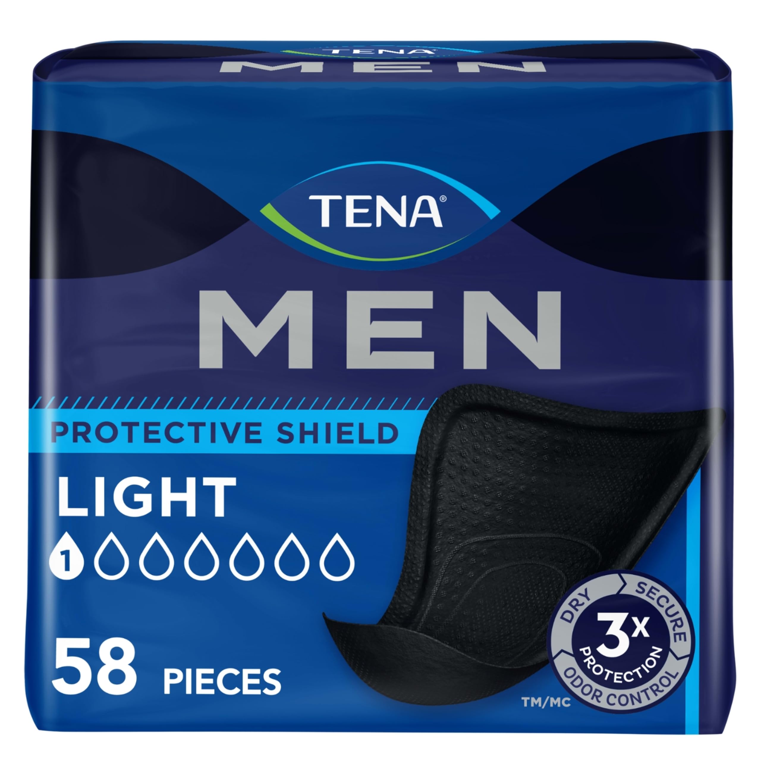TENA muestra frontal del paquete negro con 58 protectores para discreción