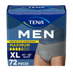 TENA Men paquete frontal gris mostrando 72 unidades y aspecto discreto