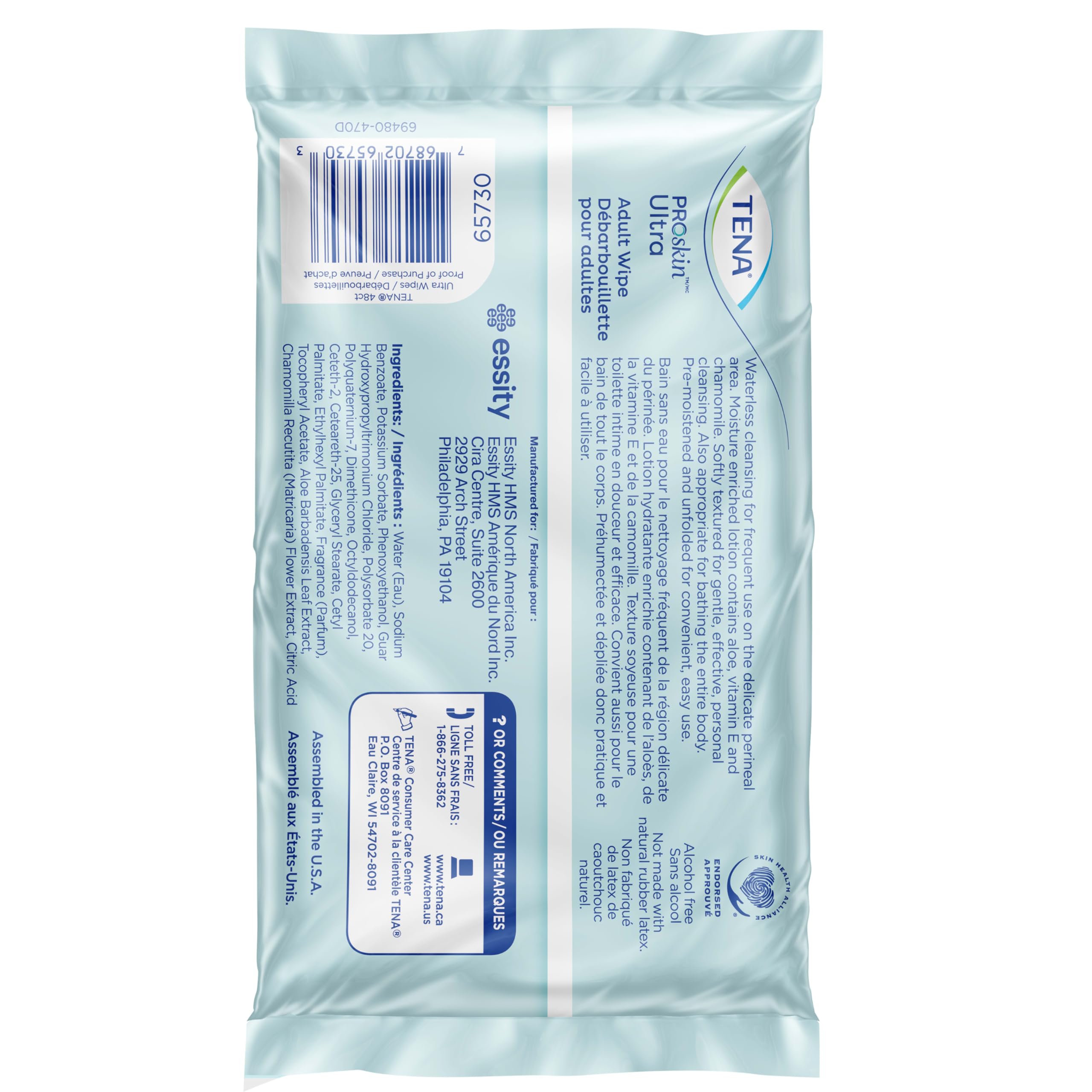 Detalle de la etiqueta TENA Proskin mostrando aloe, vitamina E y manzanilla