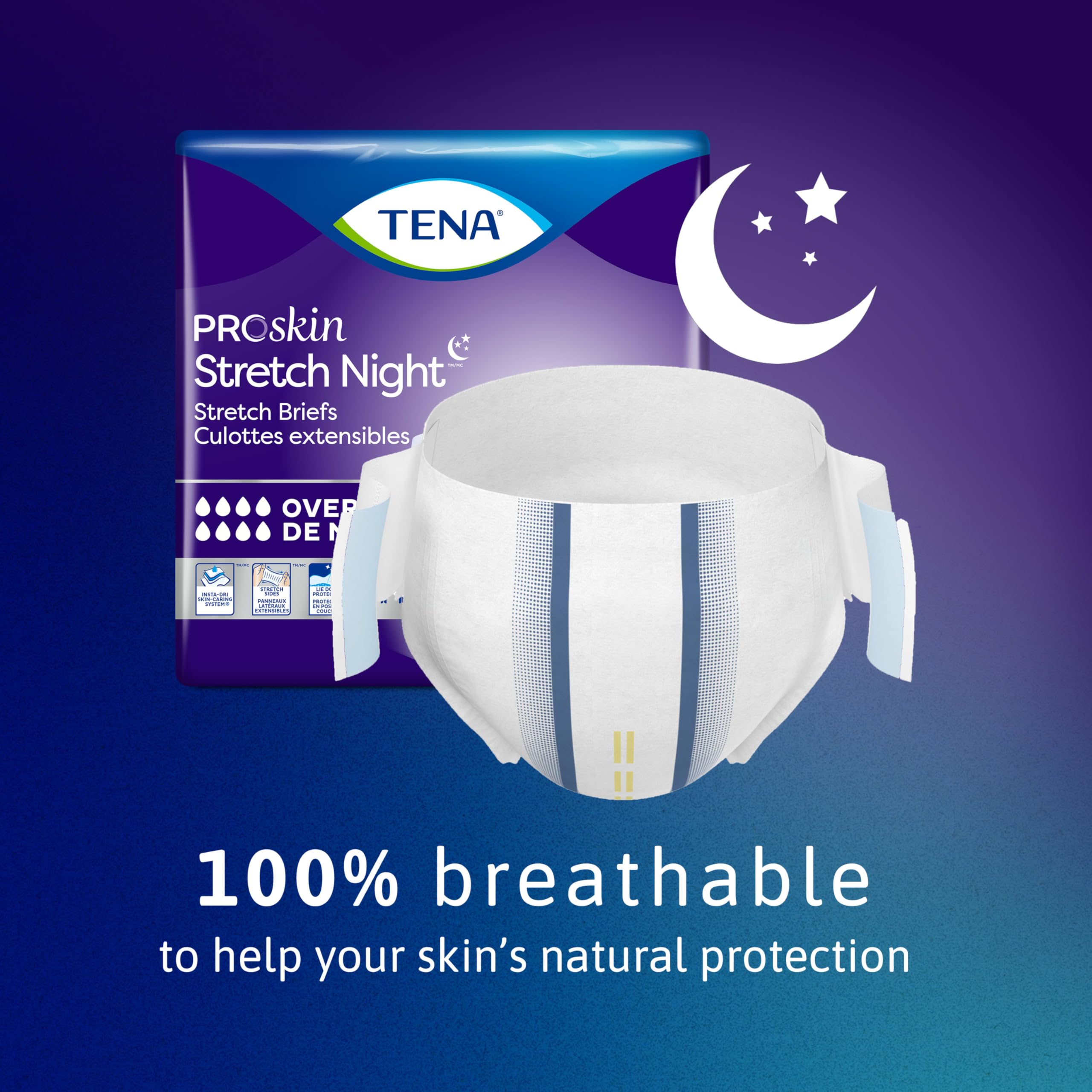 Escena nocturna con TENA Proskin en cama ilustrando protección cómoda durante la noche