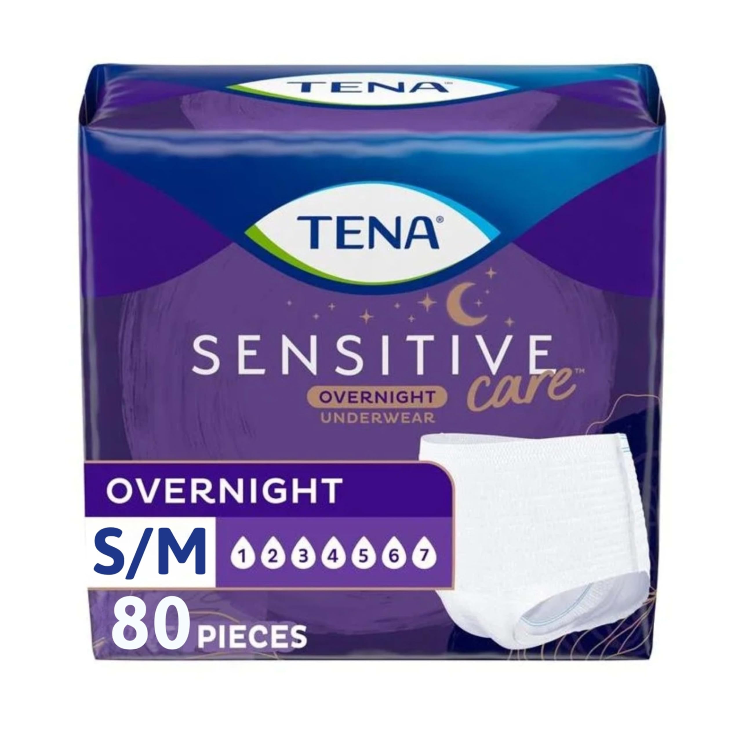 TENA empaque frontal mostrando 80 unidades y talla S/M, protección nocturna