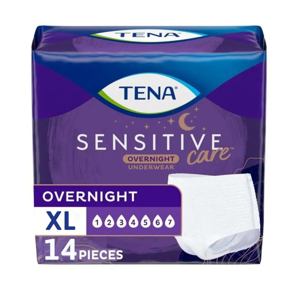TENA empaque frontal mostrando 14 unidades y beneficio de protección nocturna