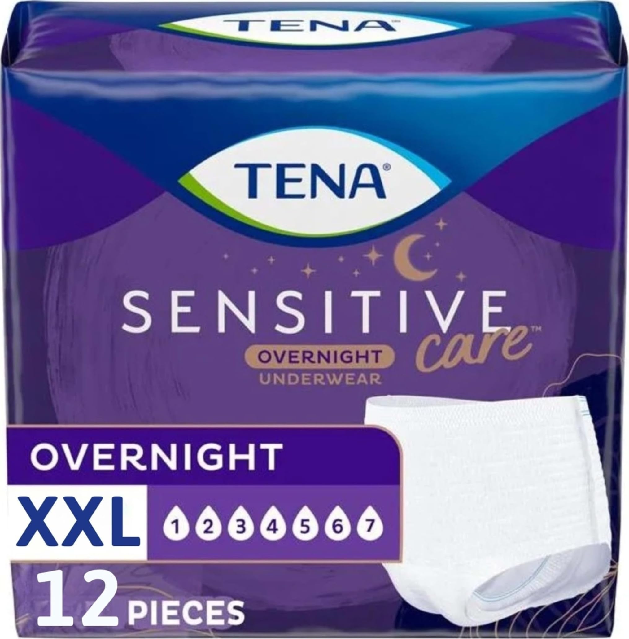 TENA paquete frontal mostrando 12 unidades y diseño práctico para protección nocturna
