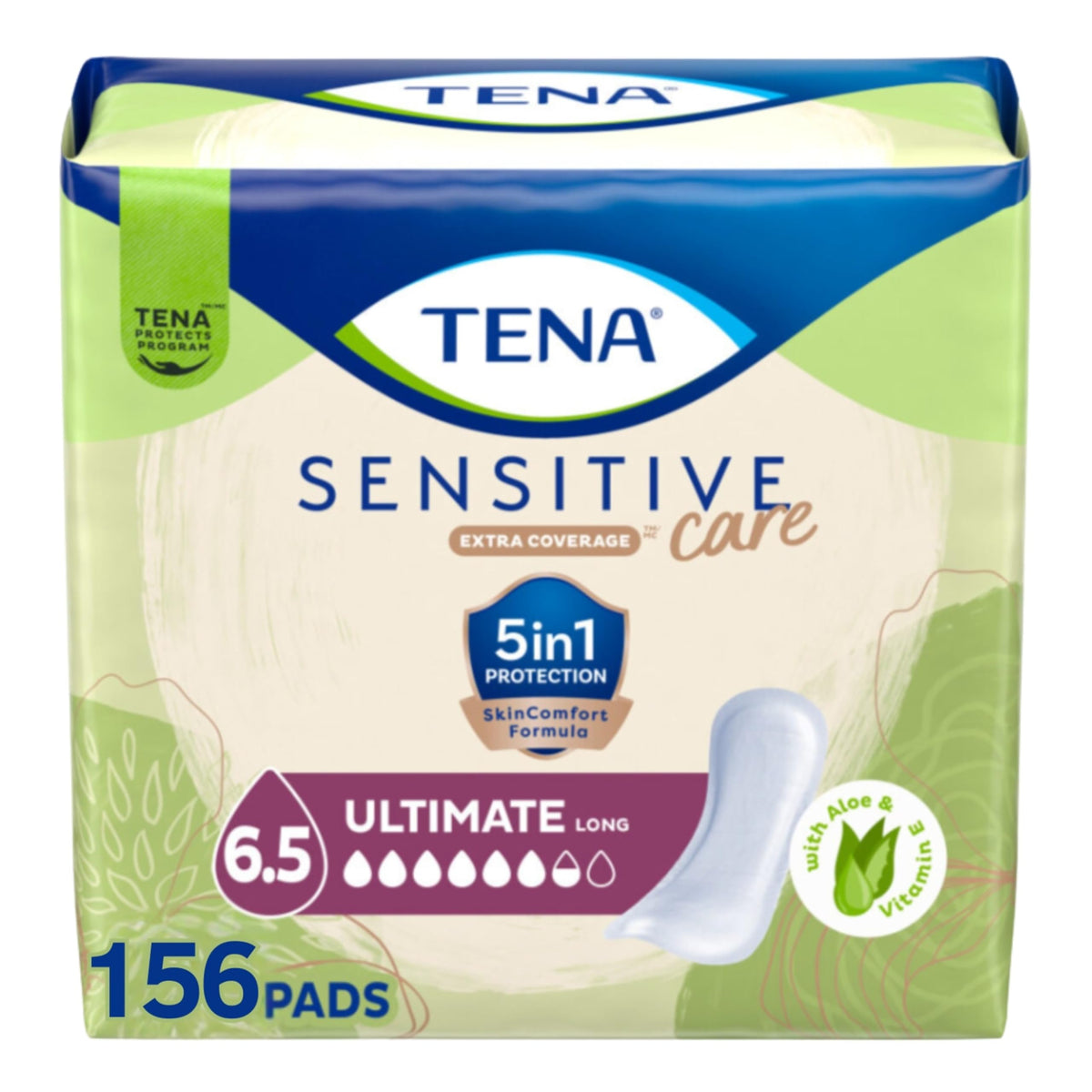 TENA empaque frontal mostrando cantidad y diseño, comodidad prolongada