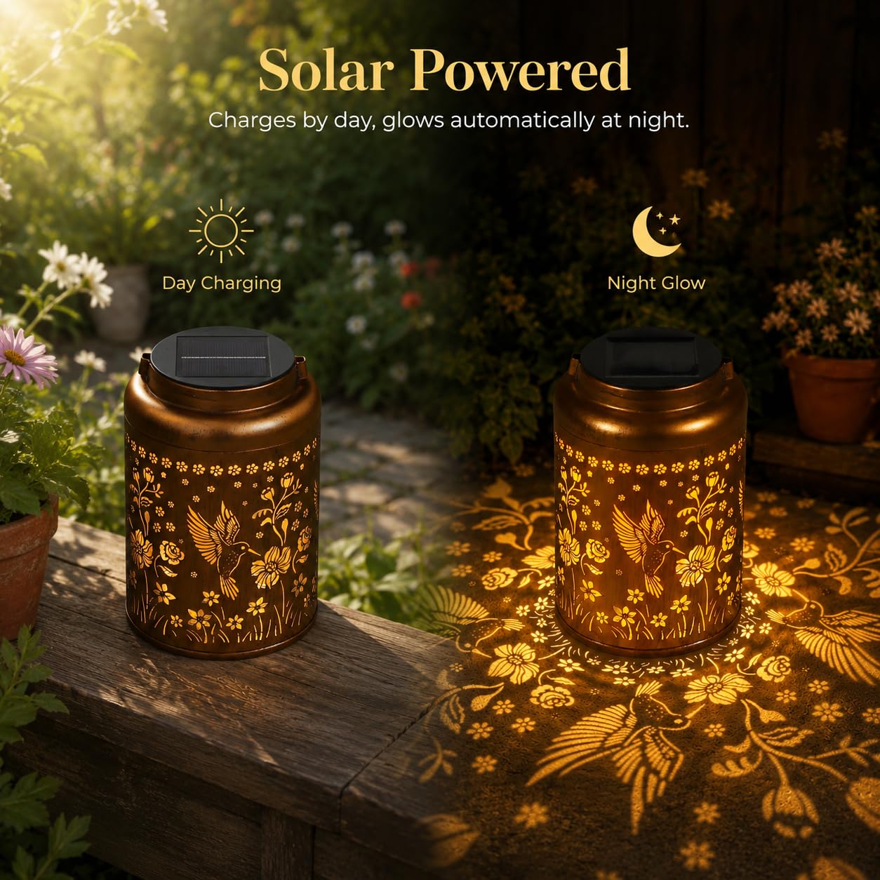 Tepaken lámpara colgando de una rama iluminando el jardín y creando ambiente