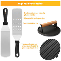 Terlulu cast-iron burger press close-up demonstrating even press and consistent patties