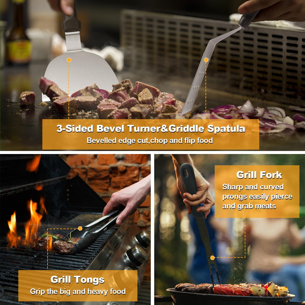Terlulu tools in use on a flat-top grill showing efficient grilling and multitasking
