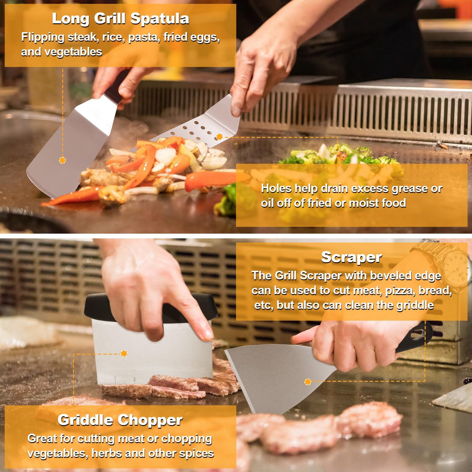 Terlulu scraper and tongs on griddle edge for safe cleaning and food handling