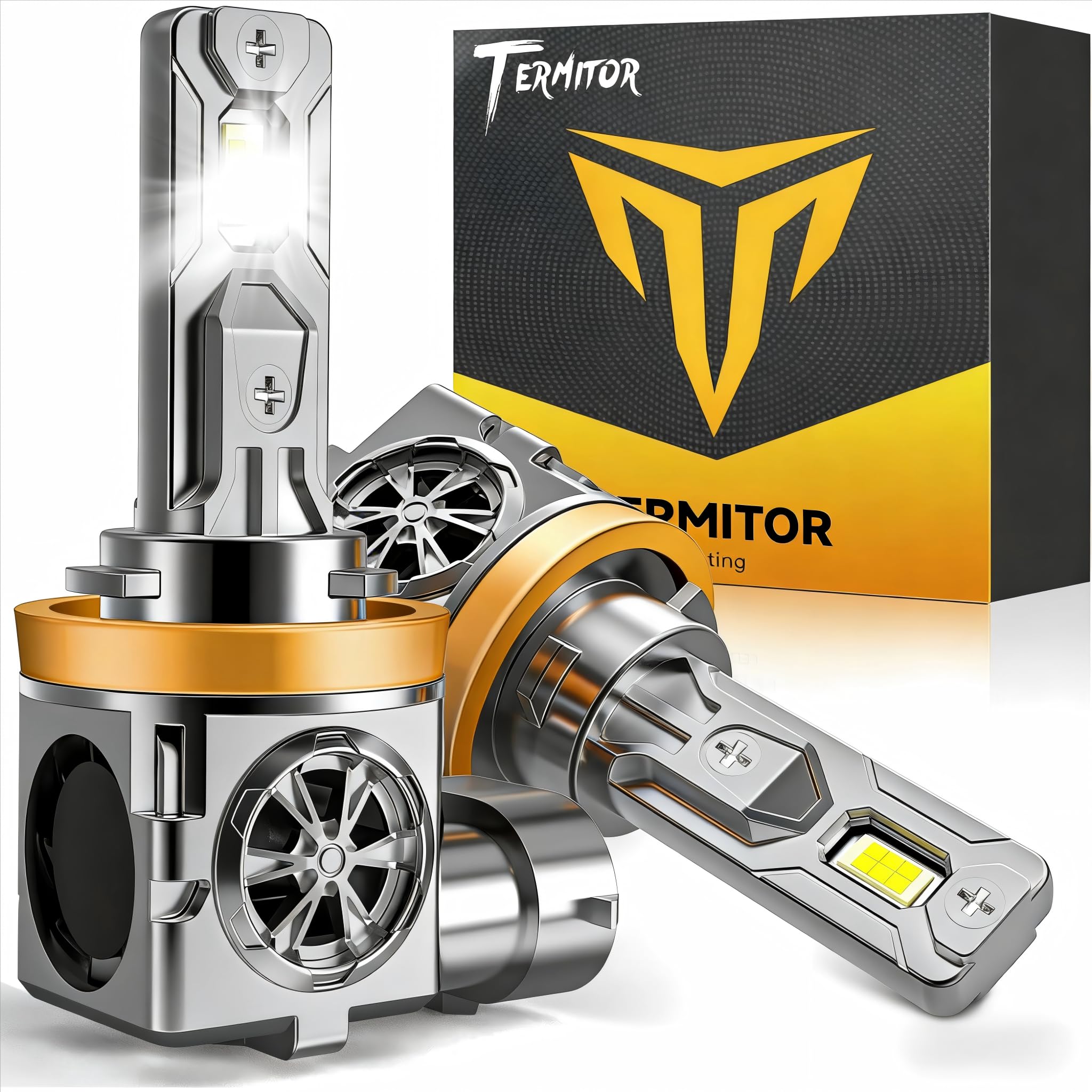 Termitor vista frontal en empaque mostrando bombillas H11 y beneficios de brillo