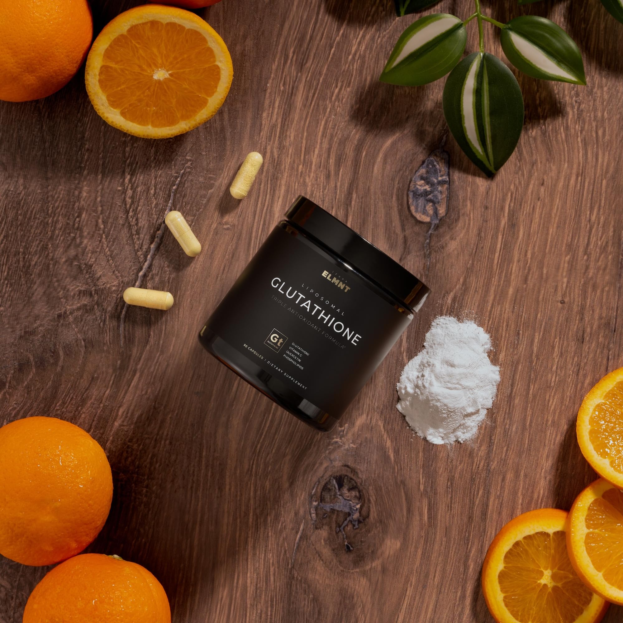 TERRA ELMNT ingredientes clave presentados: glutathione, vitamina C, quercetina