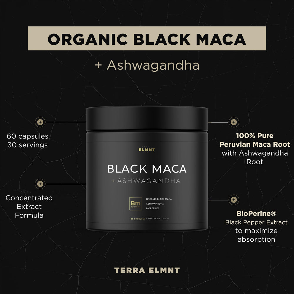 TERRA ELMNT maca negra en campo peruano origen orgánico claro