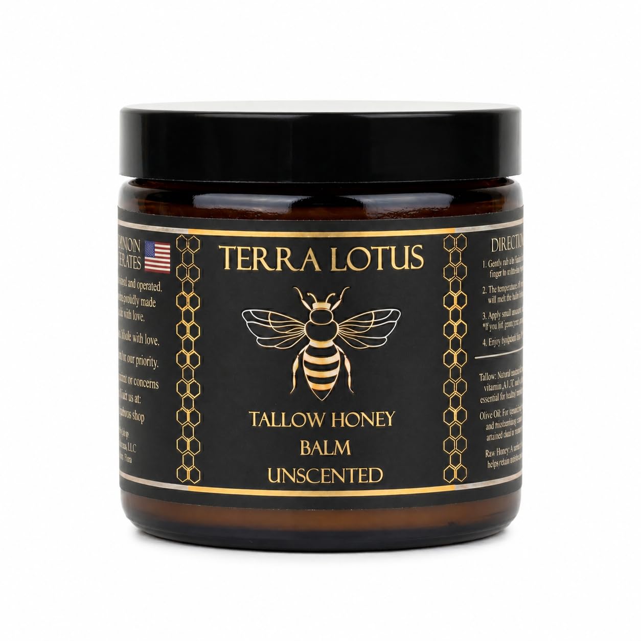 Terra Lotus frasco delantero mostrando el bálsamo y su empaque claro