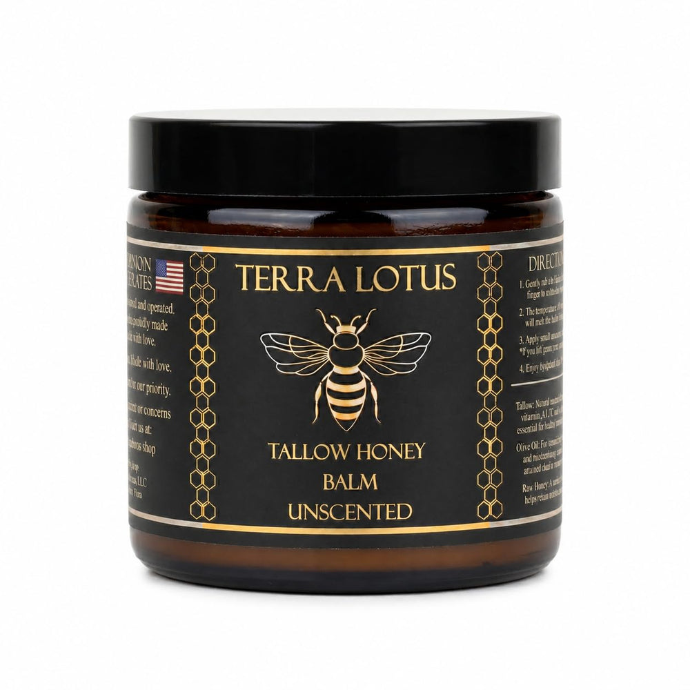 Terra Lotus frasco delantero mostrando el bálsamo y su empaque claro