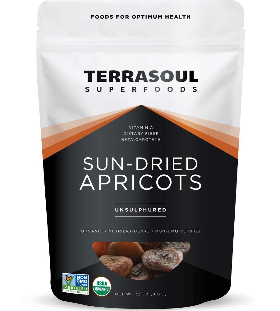 Terrasoul Superfoods paquete frontal mostrando albaricoques orgánicos para snacking