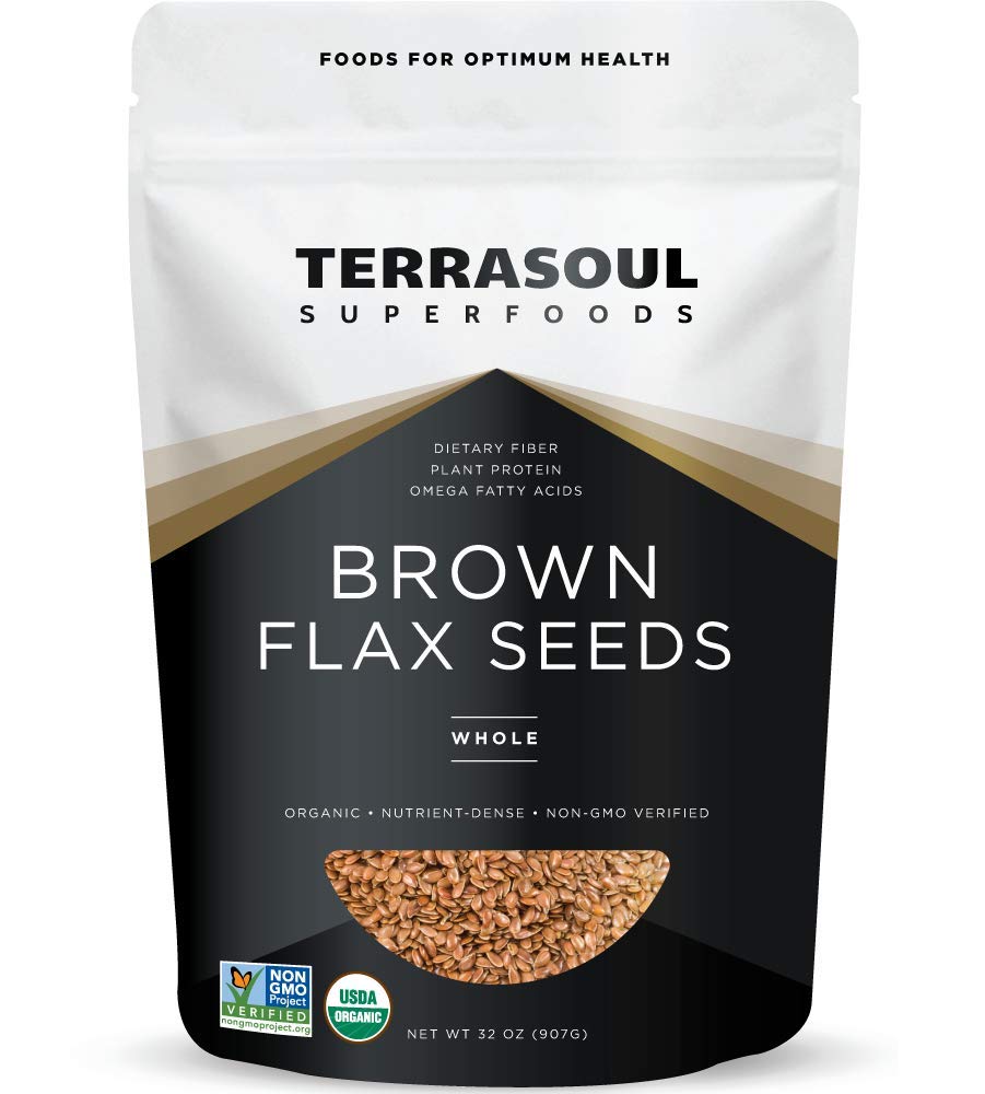 Terrasoul Superfoods empaque frontal de semillas de lino marrón mostrando cantidad y diseño