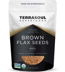 Terrasoul Superfoods empaque frontal de semillas de lino marrón mostrando cantidad y diseño