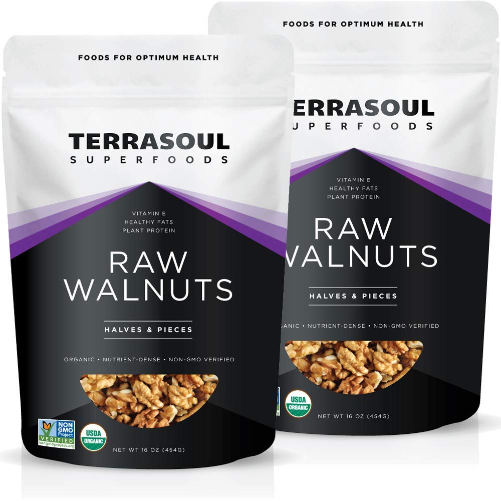 Terrasoul Superfoods paquete frontal mostrando nueces crudas orgánicas y peso