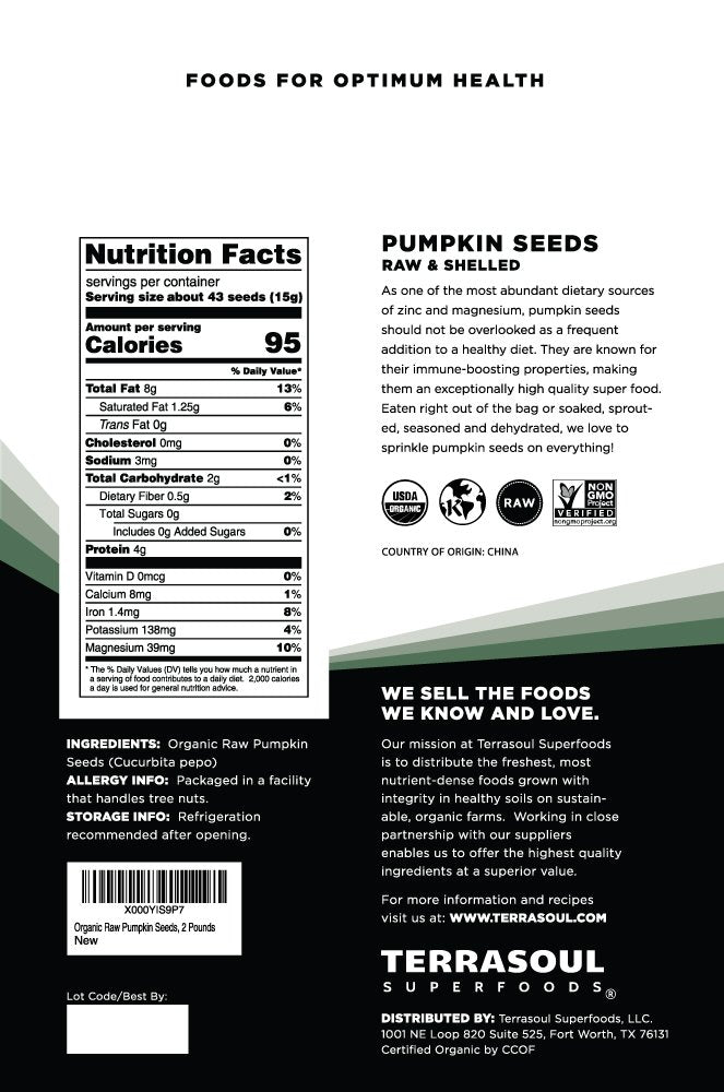 Terrasoul Superfoods primer plano de textura de pepitas crudas, ideal para recetas