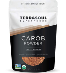 Terrasoul Superfoods paquete frontal mostrando polvo de algarroba y su presentación