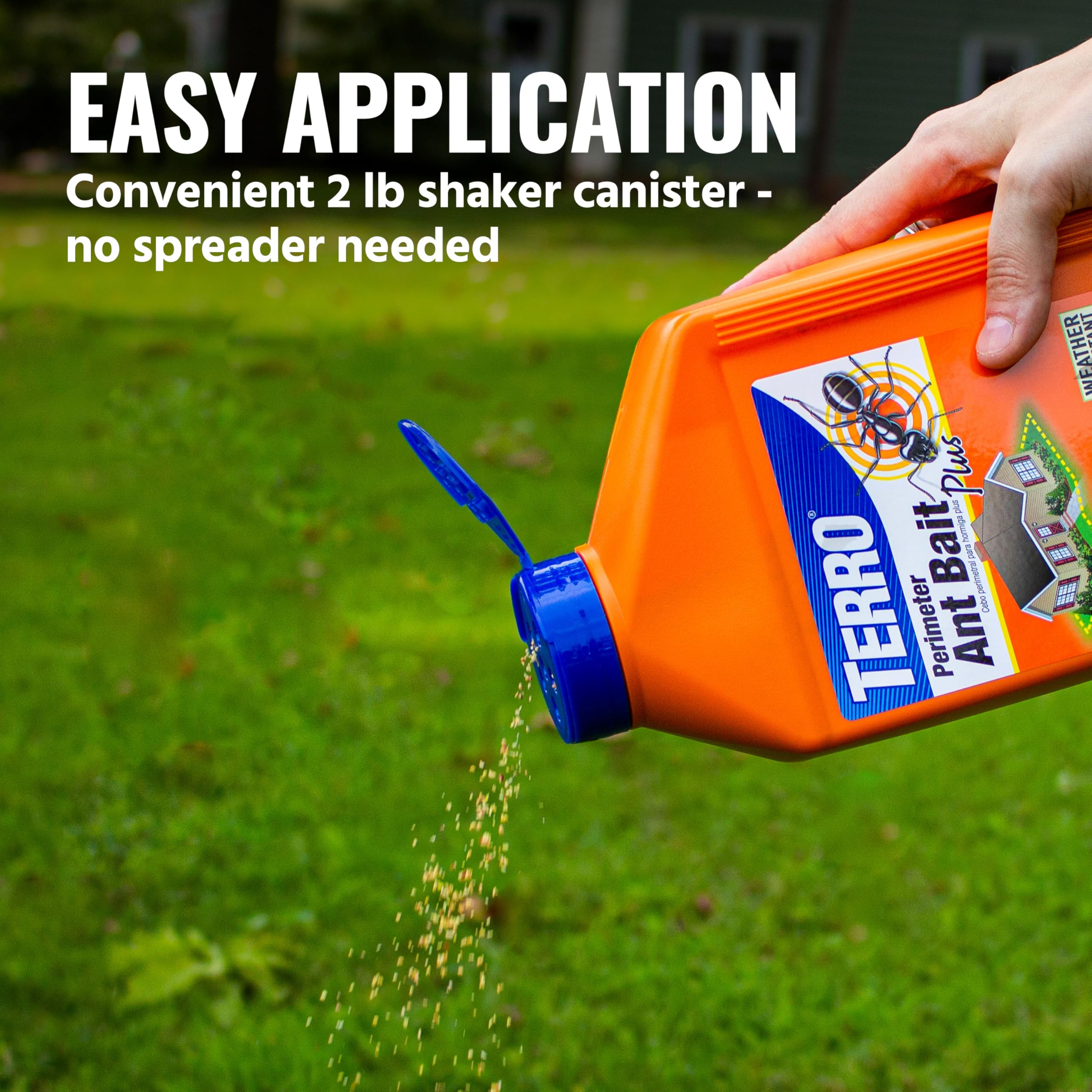 TERRO granules applied along a house foundation reducing outdoors ant trails and entry points